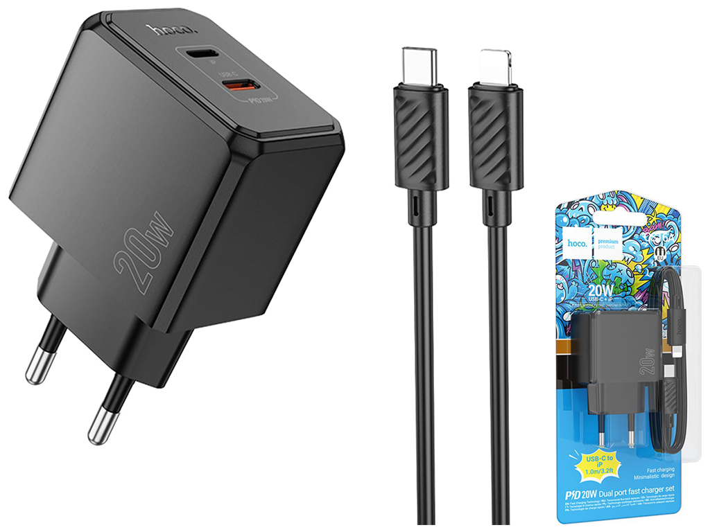 Сетевое зарядное устройство Hoco CS16A 1USB-C/1IP PD/QC 20W+Type-C to Lightning, цвет черный