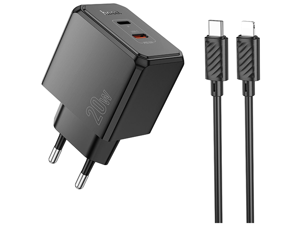 Сетевое зарядное устройство Hoco CS16A 1USB-C/1IP PD/QC 20W+Type-C to Lightning, цвет черный