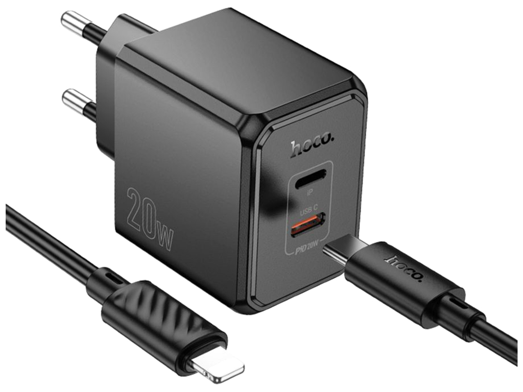 Сетевое зарядное устройство Hoco CS16A 1USB-C/1IP PD/QC 20W+Type-C to Lightning, цвет черный