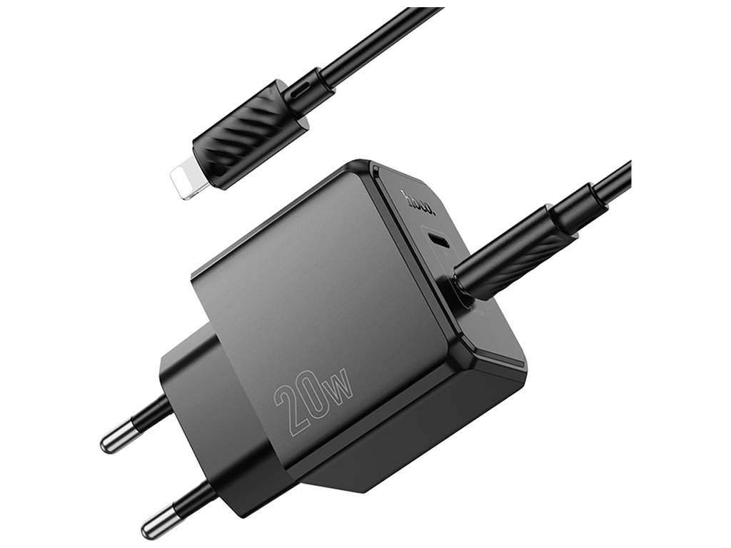 Сетевое зарядное устройство Hoco CS16A 1USB-C/1IP PD/QC 20W+Type-C to Lightning, цвет черный