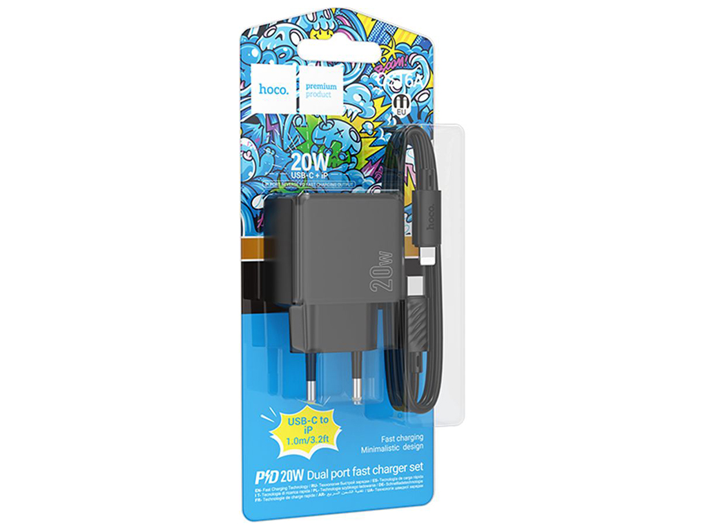 Сетевое зарядное устройство Hoco CS16A 1USB-C/1IP PD/QC 20W+Type-C to Lightning, цвет черный