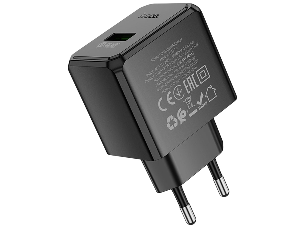 Сетевое зарядное устройство Hoco CS17A, 1USB, 22.5Вт, 205×90×40мм, цвет черный