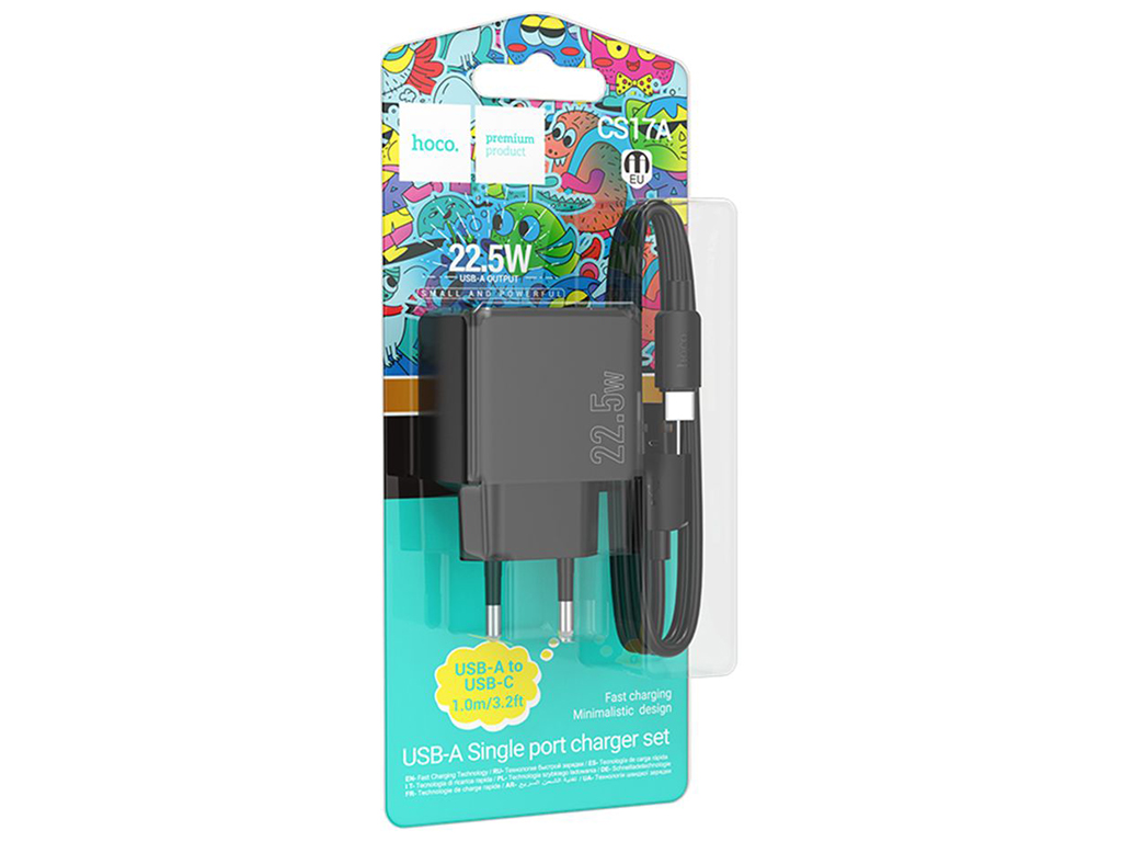 Сетевое зарядное устройство Hoco CS17A 1USB QC 22.5W+USB to Type-C, цвет черный