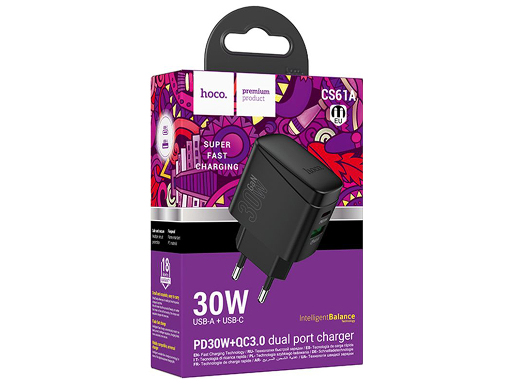 Мережевий зарядний пристрій Hoco CS61A 1USB/1USB-C PD/QC 30W, колір чорний