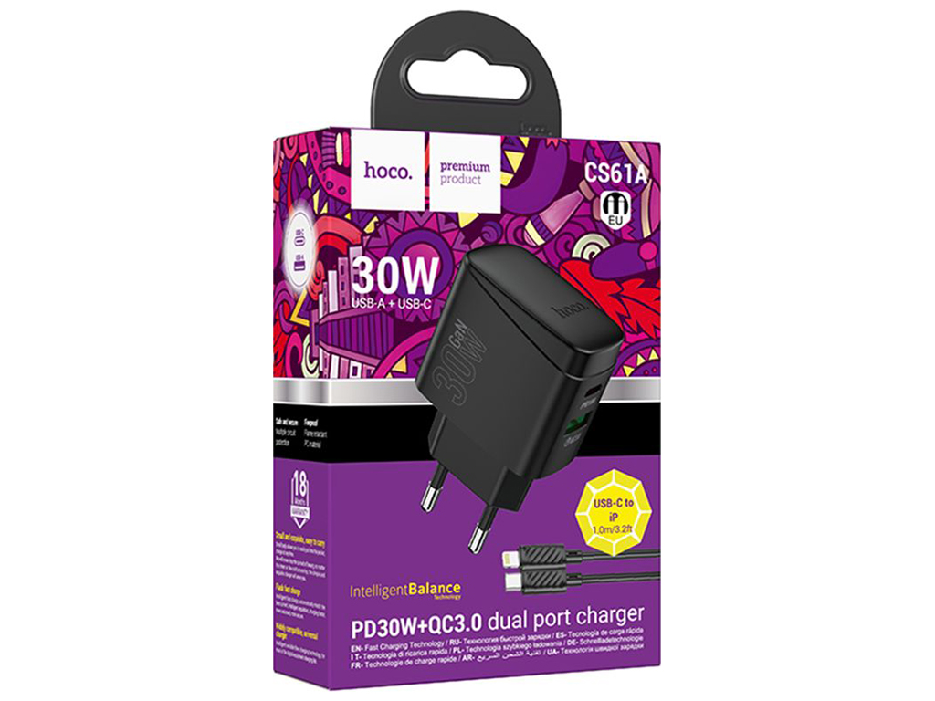 Сетевое зарядное устройство Hoco CS61A 1USB/1USB-C PD/QC 30W+Type-C to Lightning, цвет черный