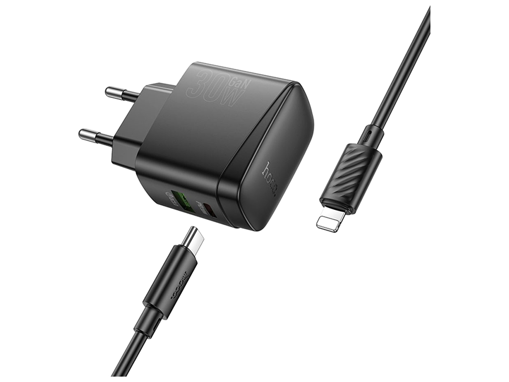 Сетевое зарядное устройство Hoco CS61A 1USB/1USB-C PD/QC 30W+Type-C to Lightning, цвет черный