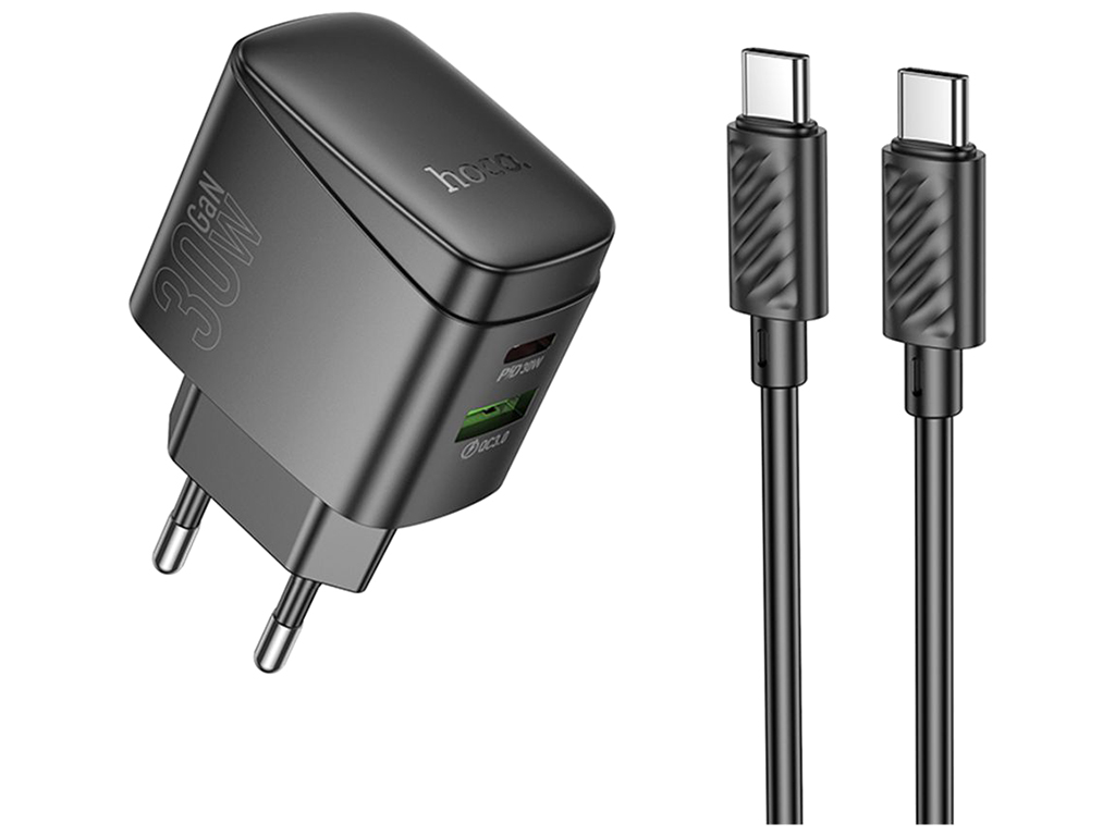 Сетевое зарядное устройство Hoco CS61A 1USB/1USB-C PD/QC 30W+Type-C to Type-C, цвет черный