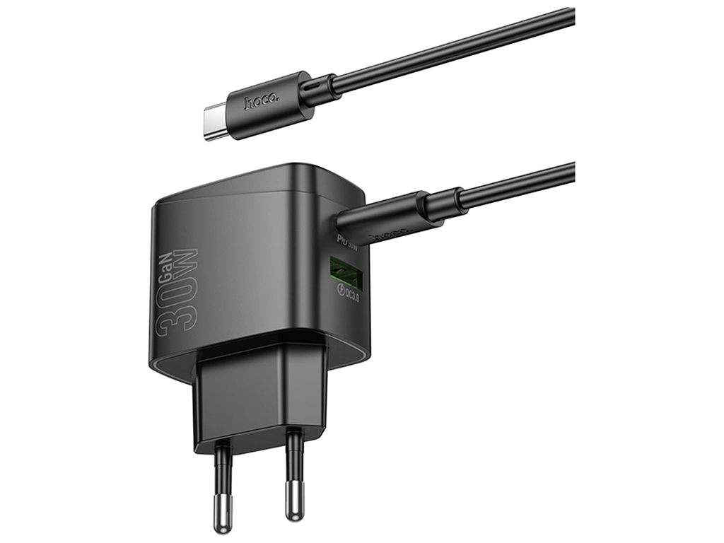 Сетевое зарядное устройство Hoco CS61A 1USB/1USB-C PD/QC 30W+Type-C to Type-C, цвет черный