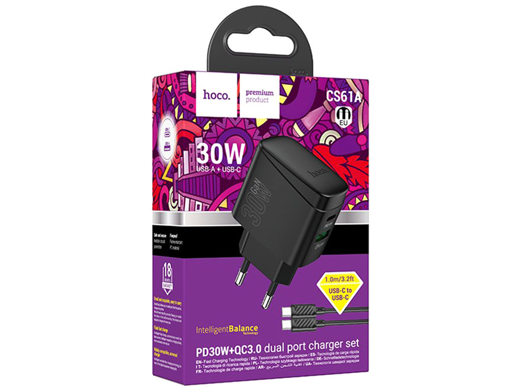 Сетевое зарядное устройство Hoco CS61A 1USB/1USB-C PD/QC 30W+Type-C to Type-C, цвет черный
