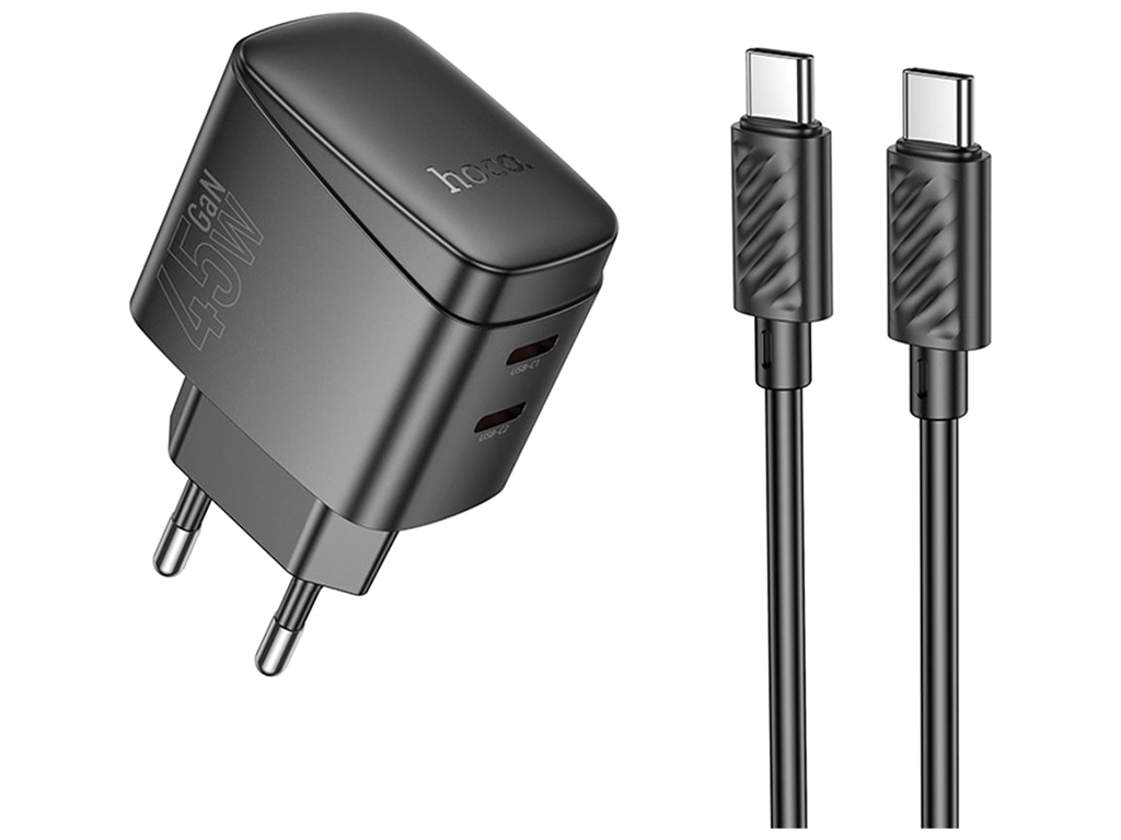 Мережевий зарядний пристрій Hoco CS62A 2USB-C PD/QC 45W GAN+Type-C to Type-C, колір чорний