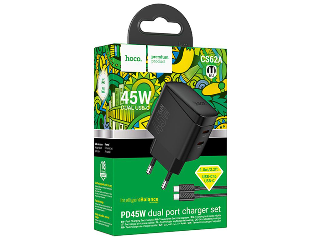 Мережевий зарядний пристрій Hoco CS62A 2USB-C PD/QC 45W GAN+Type-C to Type-C, колір чорний