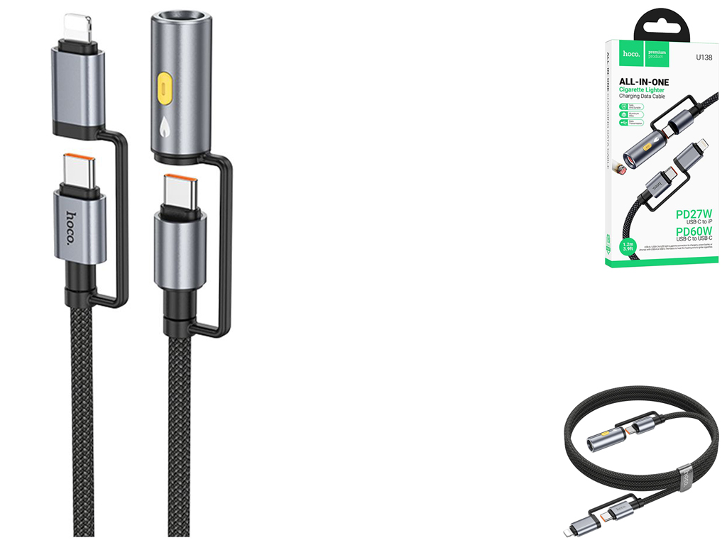 Кабель USB Hoco U138 USB-C/iP to USB-C/Cigarette Lighter 1.2м Цвет Черный