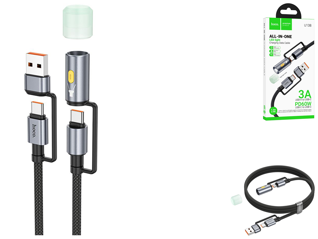 Кабель USB Hoco U138 USB/USB-C to USB-C/LED Light 1.2м Цвет Черный