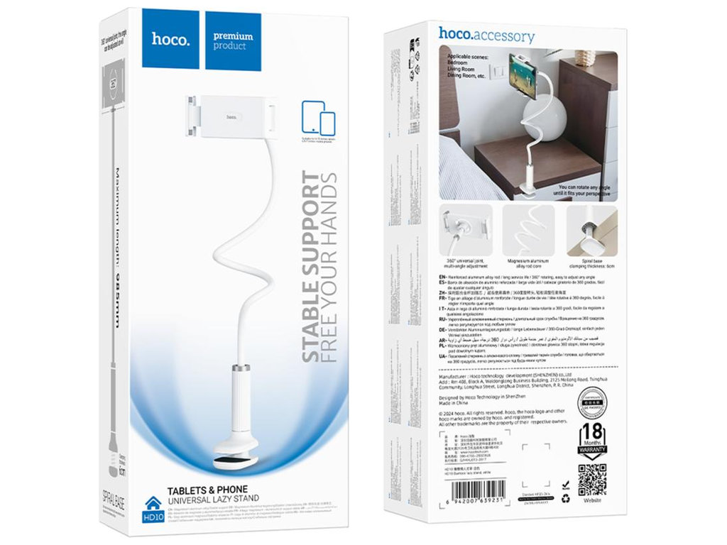 Держатель на прищепке Hoco HD10, для смартфонов и планшетов 4.5–13", до 65мм, ABS, алюминий, черный