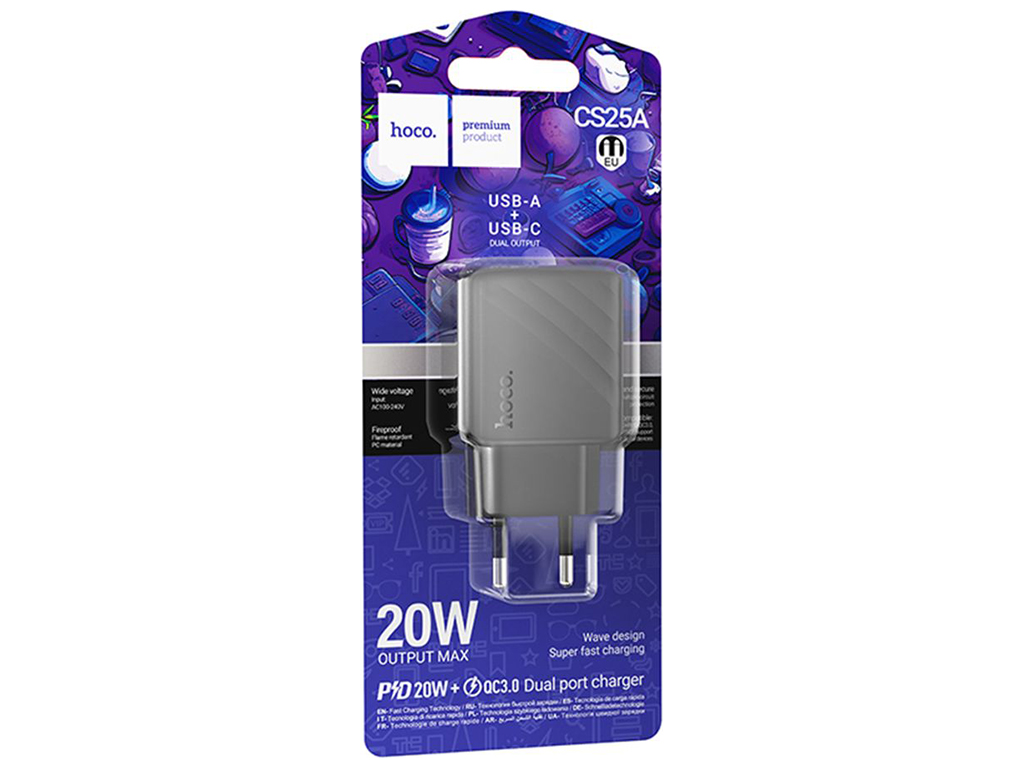 Мережевий зарядний пристрій Hoco CS25A 1USB-C/1USB PD/QC 20W, колір чорний