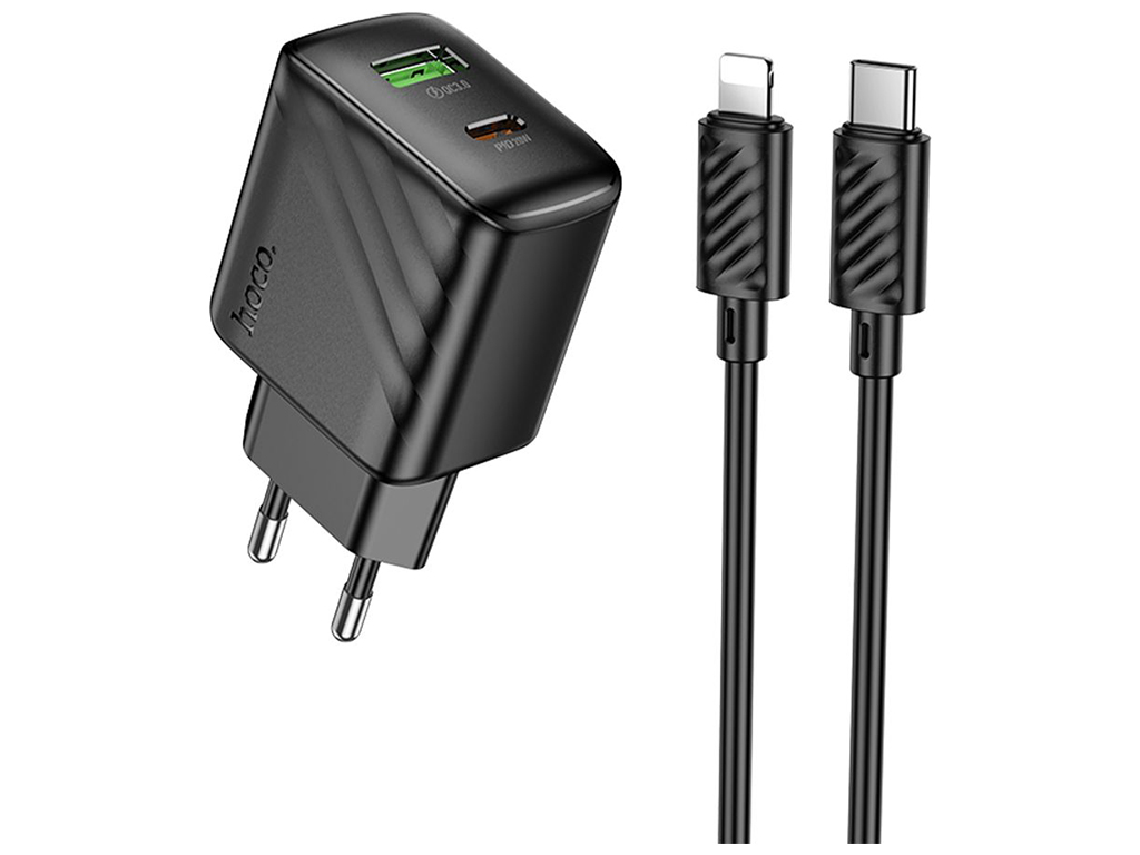 Мережевий зарядний пристрій Hoco CS25A 1USB-C/1USB PD/QC 20W+Type-C to Lightning, колір чорний