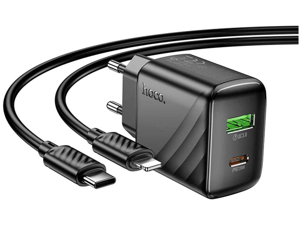 Мережевий зарядний пристрій Hoco CS25A 1USB-C/1USB PD/QC 20W+Type-C to Lightning, колір чорний