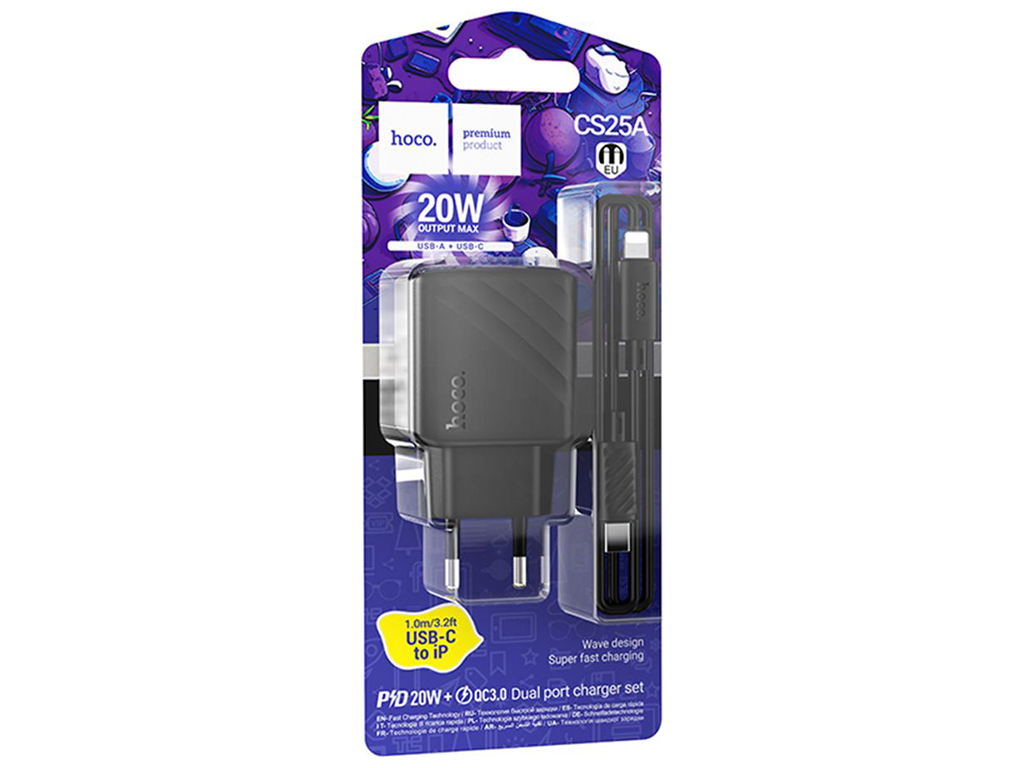 Мережевий зарядний пристрій Hoco CS25A 1USB-C/1USB PD/QC 20W+Type-C to Lightning, колір чорний