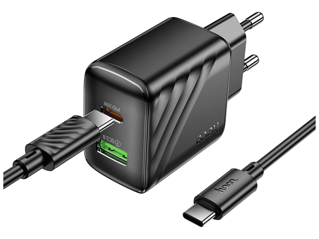 Сетевое зарядное устройство Hoco CS25A 1USB-C/1USB PD/QC 20W+Type-C to Type-C, цвет черный