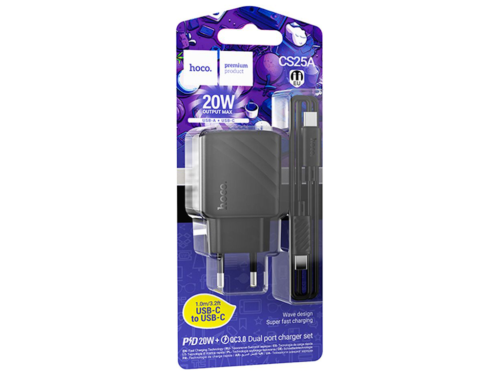 Сетевое зарядное устройство Hoco CS25A 1USB-C/1USB PD/QC 20W+Type-C to Type-C, цвет черный