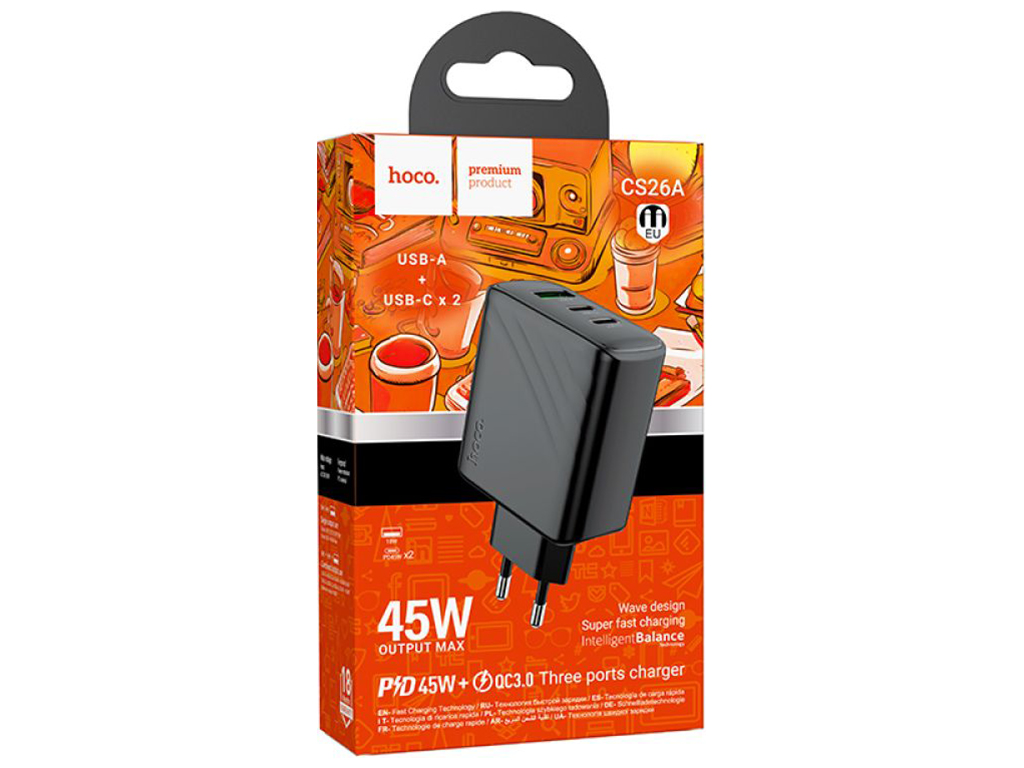 Мережевий зарядний пристрій Hoco CS26A 2USB-C/1USB PD/QC 45W, колір чорний
