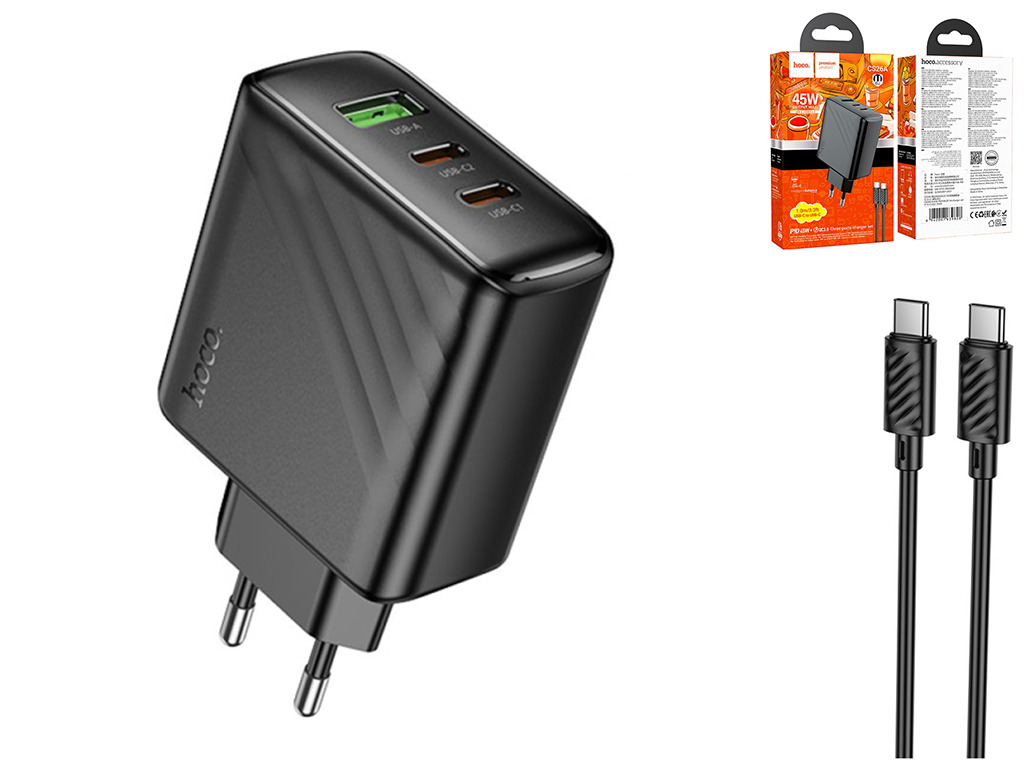 Мережевий зарядний пристрій Hoco CS26A 45W, 2 USB-C, 1 USB, PD, QC, Type-C to Type-C, колір чорний