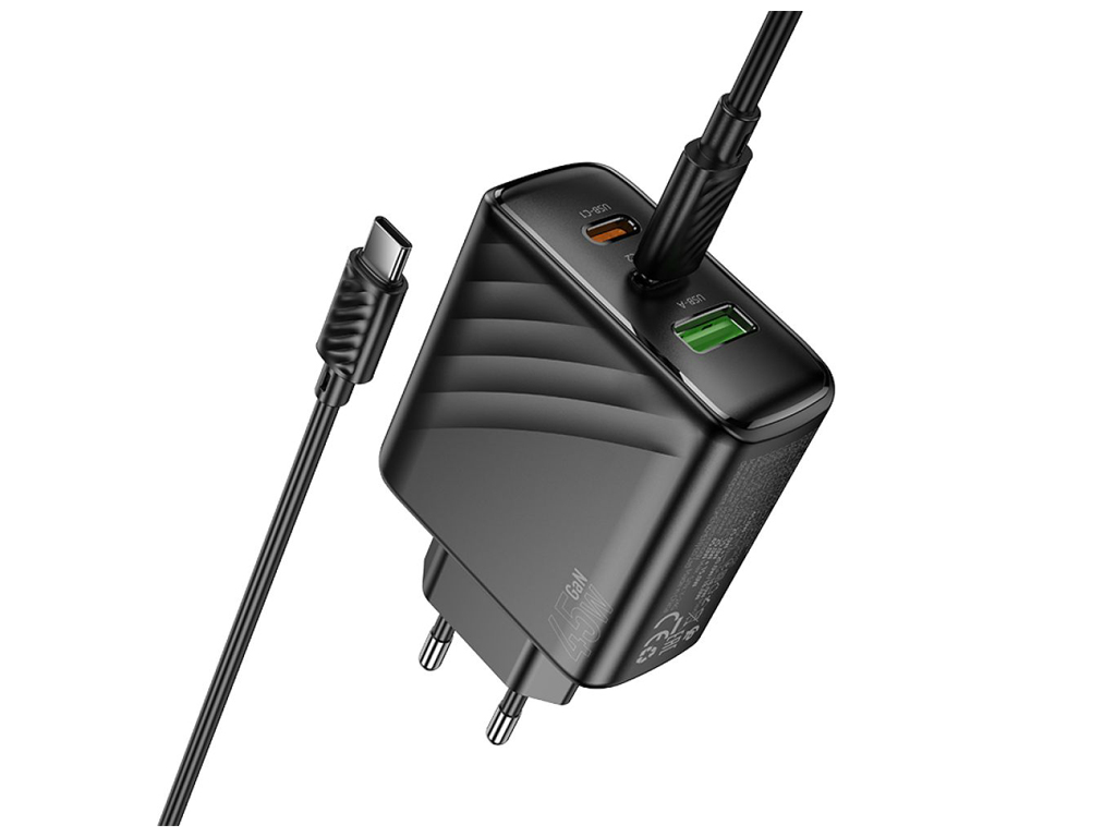 Мережевий зарядний пристрій Hoco CS26A 45W, 2 USB-C, 1 USB, PD, QC, Type-C to Type-C, колір чорний