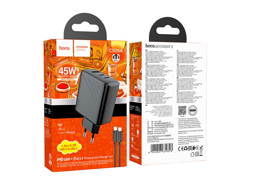 Мережевий зарядний пристрій Hoco CS26A 45W, 2 USB-C, 1 USB, PD, QC, Type-C to Type-C, колір чорний