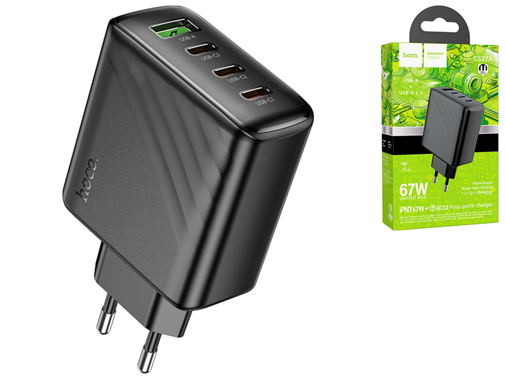 Мережевий зарядний пристрій Hoco CS27A 3USB-C/1USB PD/QC 67W, колір чорний