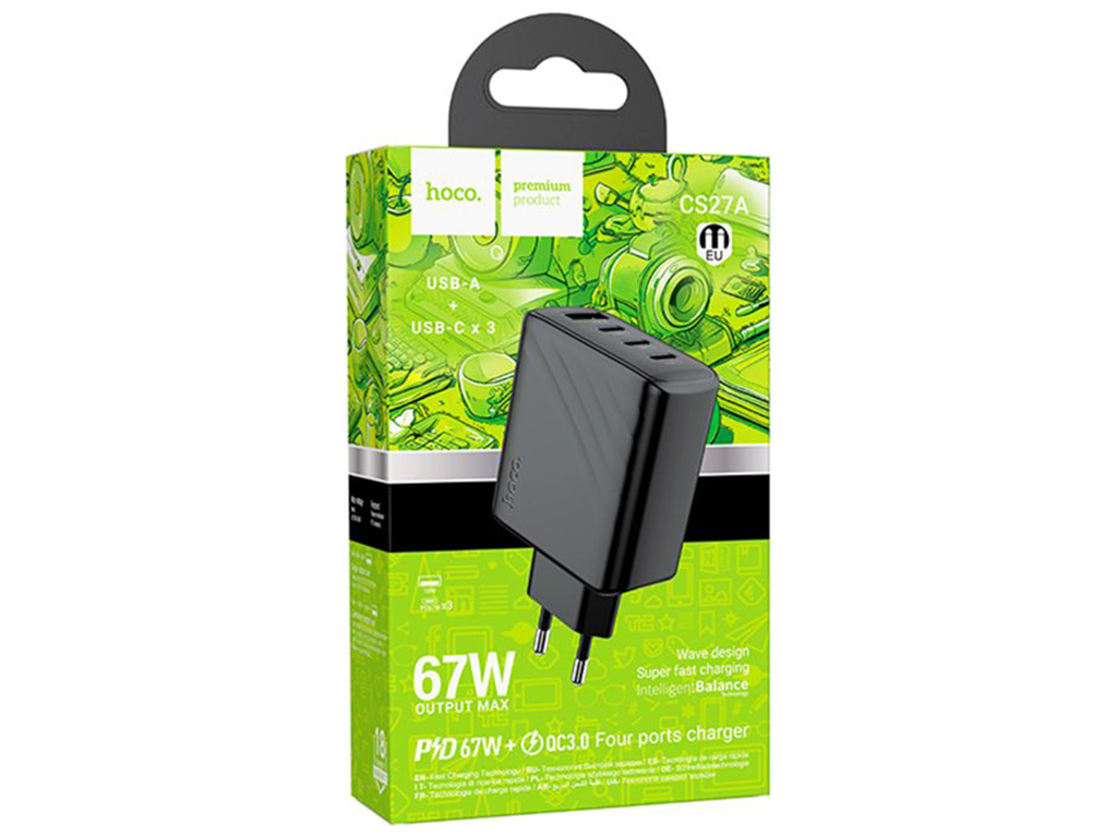 Мережевий зарядний пристрій Hoco CS27A 3USB-C/1USB PD/QC 67W, колір чорний