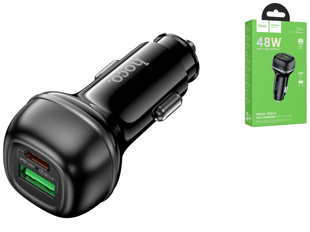 Авто Зарядное Устройство Hoco Z58A 1USB/1USB-C QC/PD48W Цвет Черный