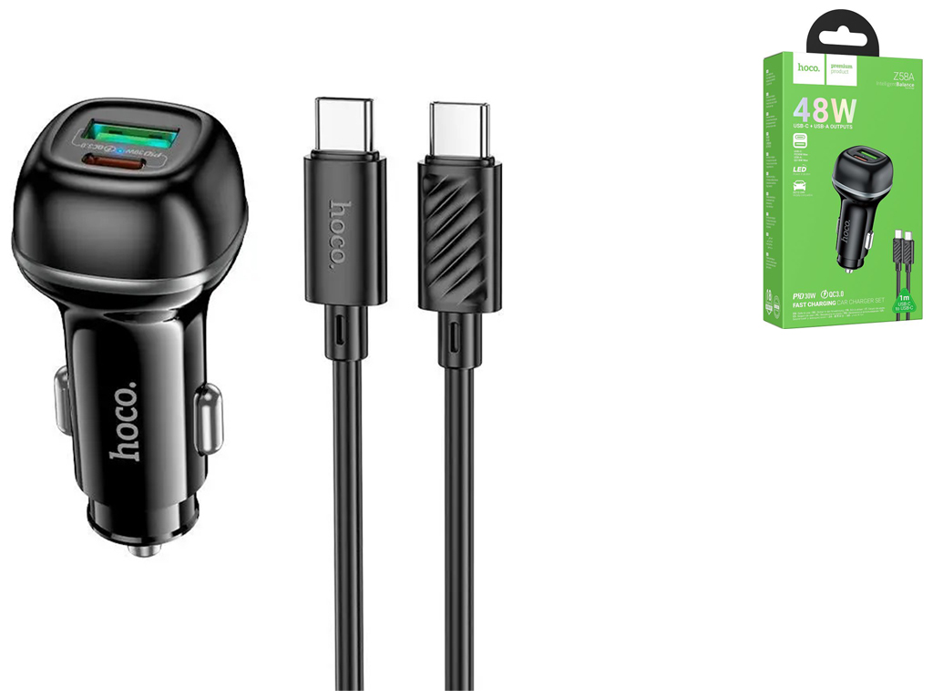 Авто Зарядное Устройство Hoco Z58A 1USB/1USB-C QC/PD48W+Type-C to Type-C Цвет Черный