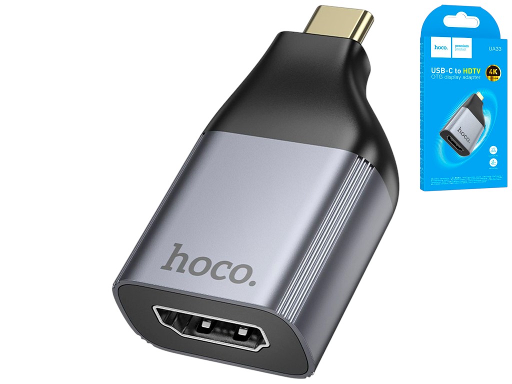 Перехідник Hoco UA33, Type-C to HDTV, 4K @ 30Hz, металевий корпус, Plug&Play, 52×26×14мм, сірий