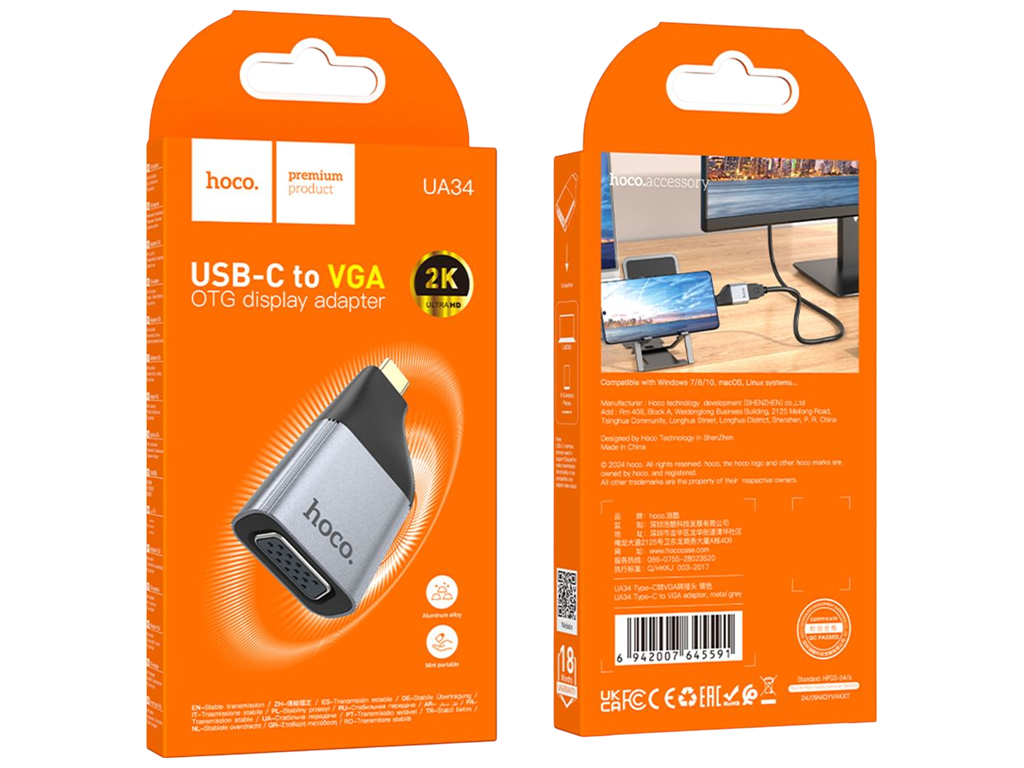 Перехідник Hoco UA34, Type-C to VGA, 2K 60Hz, алюміній + ABS, 52×26×14мм, колір сірий