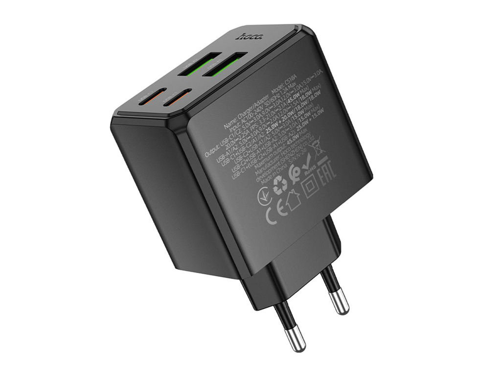 Сетевое зарядное устройство Hoco CS18A 2usb-c/2usb pd/qc 45w, 45 вт, 4 порта usb, цвет черный