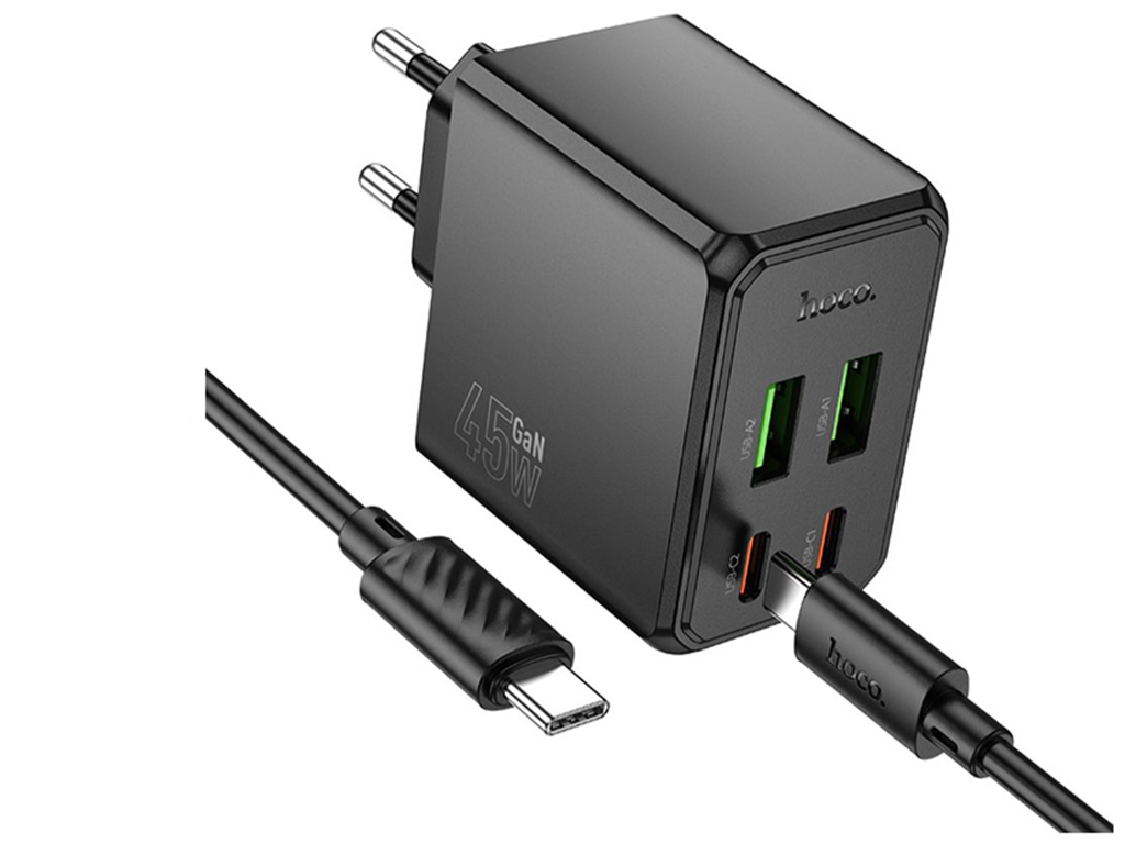 Мережевий зарядний пристрій Hoco CS18A 45W, 2USB-C, 2USB, PD, QC, type-C to type-C, колір чорний