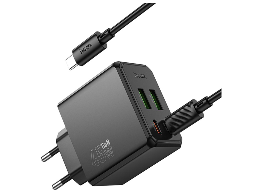 Мережевий зарядний пристрій Hoco CS18A 45W, 2USB-C, 2USB, PD, QC, type-C to type-C, колір чорний