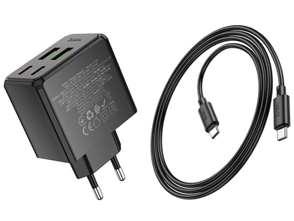 Мережевий зарядний пристрій Hoco CS18A 45W, 2USB-C, 2USB, PD, QC, type-C to type-C, колір чорний