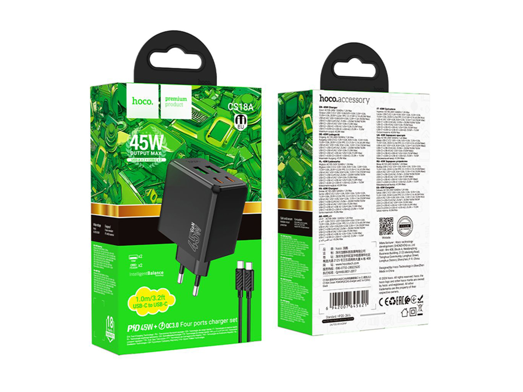 Мережевий зарядний пристрій Hoco CS18A 45W, 2USB-C, 2USB, PD, QC, type-C to type-C, колір чорний
