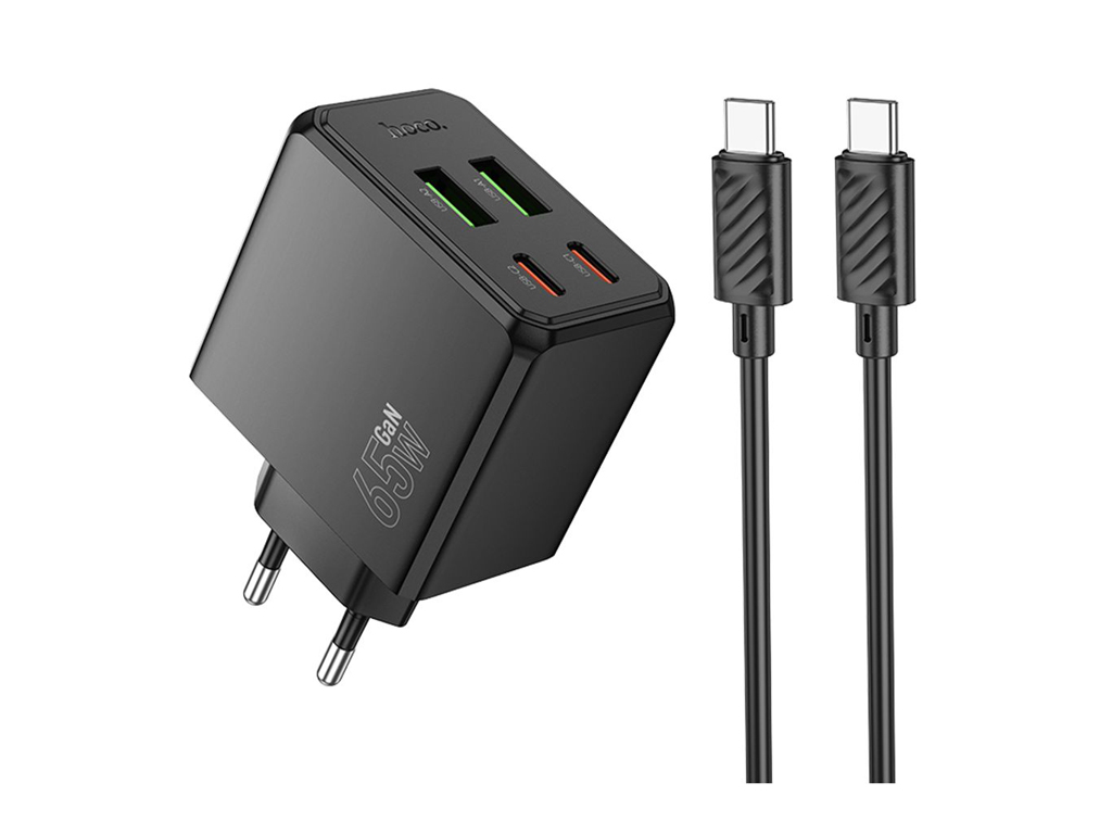 Мережевий зарядний пристрій Hoco CS19A 65W, 2USB-C, 2USB PD, QC, Type-C to Type-C 1м, колір чорний