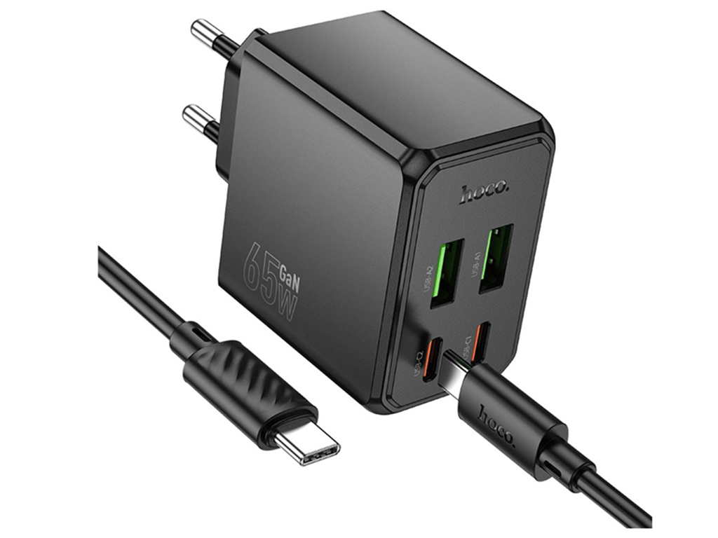 Мережевий зарядний пристрій Hoco CS19A 65W, 2USB-C, 2USB PD, QC, Type-C to Type-C 1м, колір чорний
