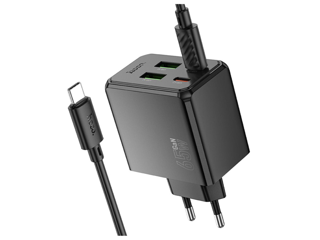 Мережевий зарядний пристрій Hoco CS19A 65W, 2USB-C, 2USB PD, QC, Type-C to Type-C 1м, колір чорний