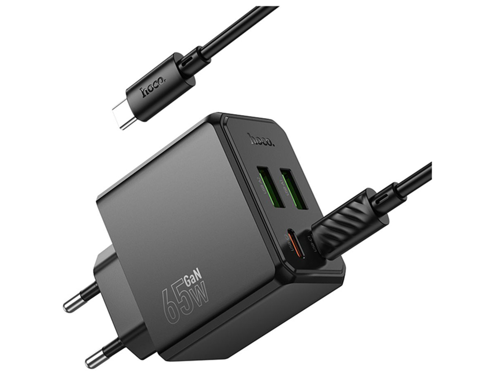 Мережевий зарядний пристрій Hoco CS19A 65W, 2USB-C, 2USB PD, QC, Type-C to Type-C 1м, колір чорний