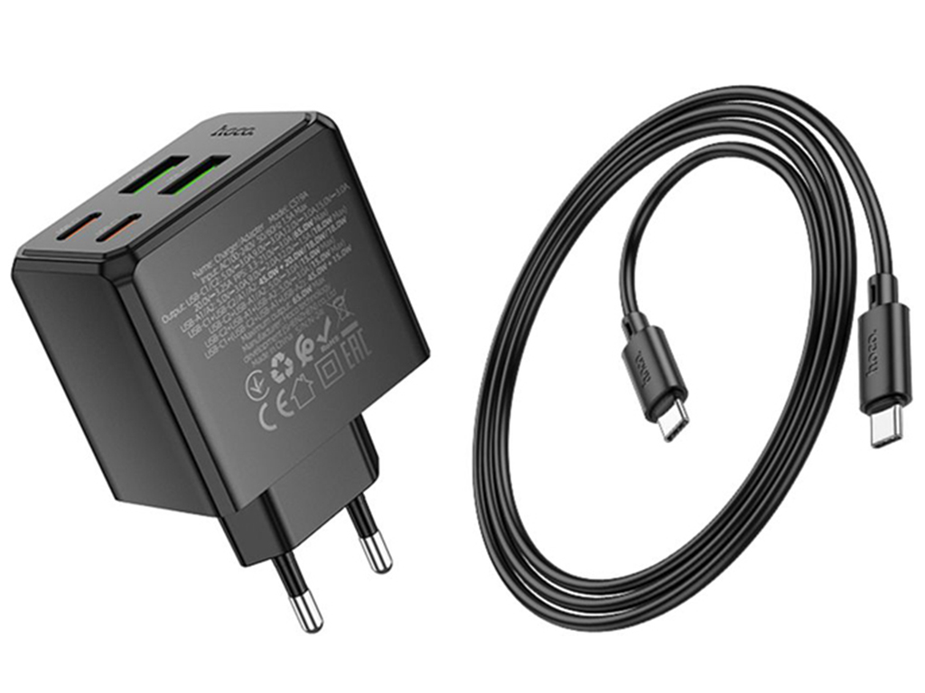 Мережевий зарядний пристрій Hoco CS19A 65W, 2USB-C, 2USB PD, QC, Type-C to Type-C 1м, колір чорний