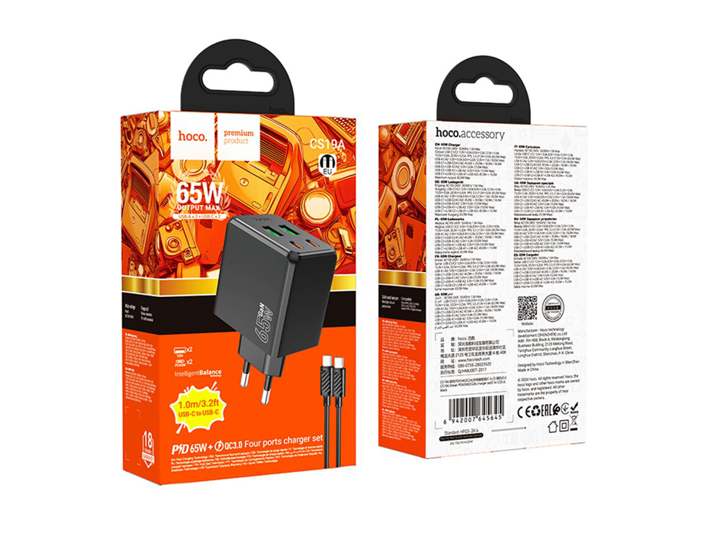 Мережевий зарядний пристрій Hoco CS19A 65W, 2USB-C, 2USB PD, QC, Type-C to Type-C 1м, колір чорний