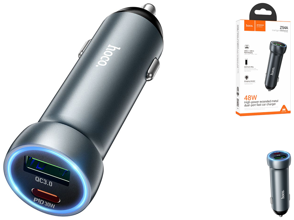 Авто Зарядное Устройство Hoco Z54A 1USB/1USB-C PD48W/QC3.0 Цвет Серый