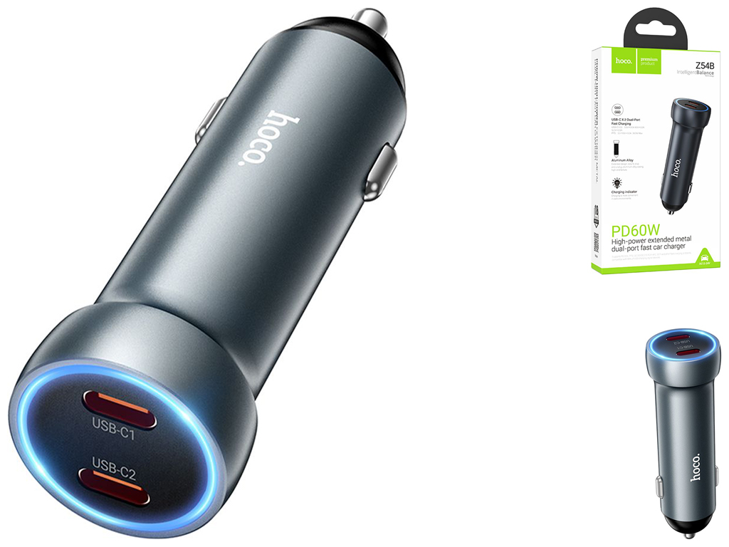Авто Зарядное Устройство Hoco Z54B 2USB-C PD60W/QC3.0 Цвет Серый