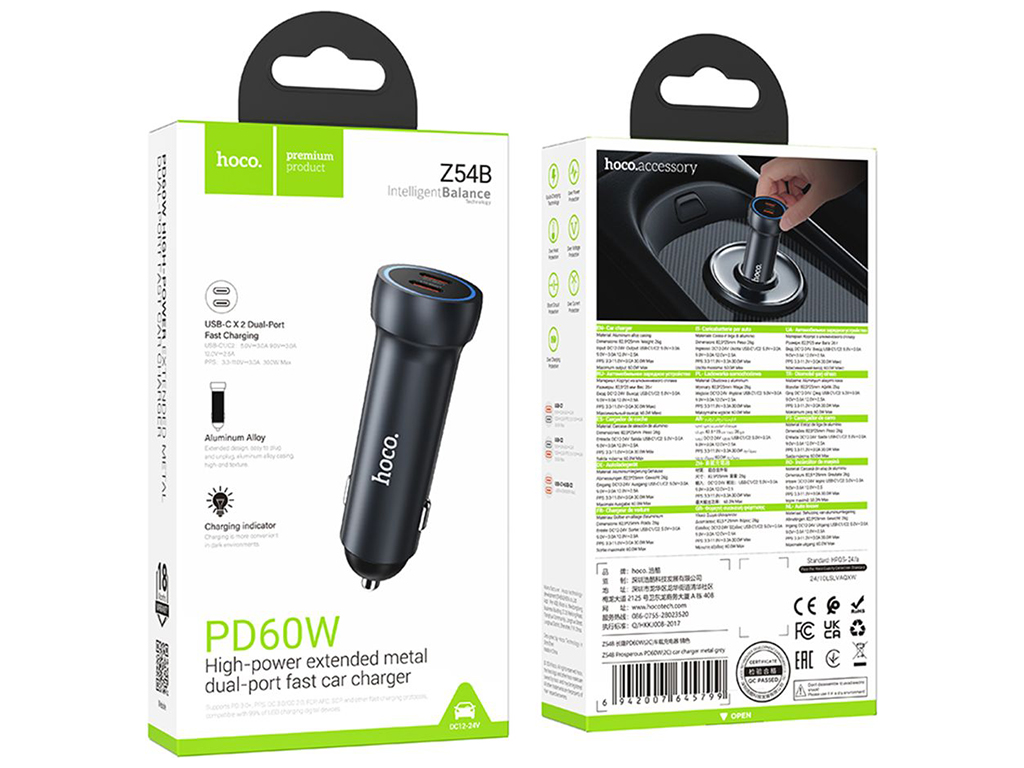Авто Зарядное Устройство Hoco Z54B 2USB-C PD60W/QC3.0 Цвет Серый