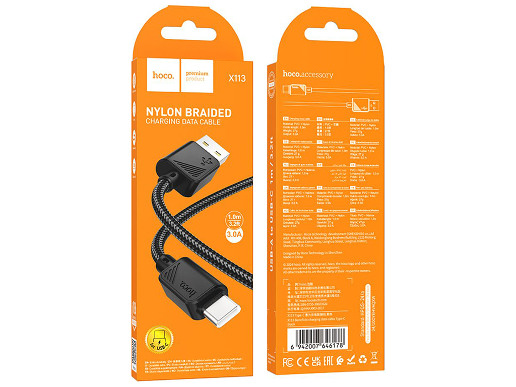 Кабель USB Hoco X113 Type-C 3A Колір Чорний