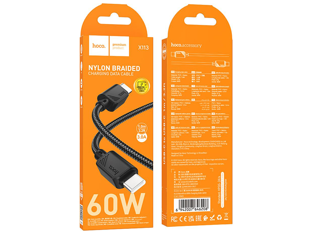 Кабель USB Hoco X113 Type-C to Type-C 60W Колір Чорний